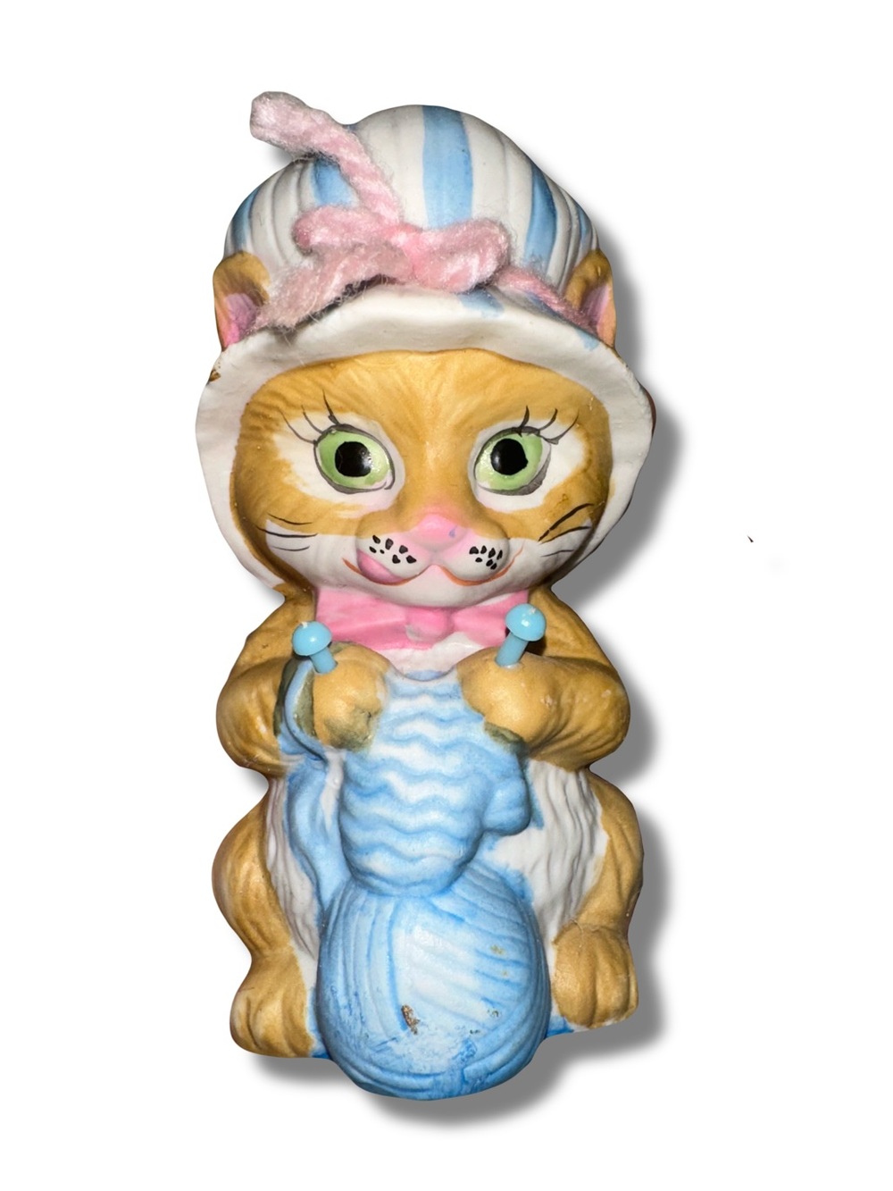 Vtg Porcelain Knitting Cat Bank